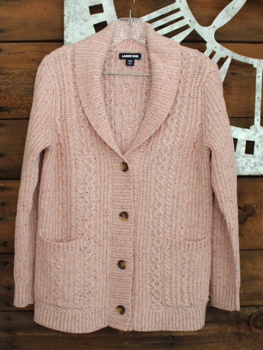 Lands' End Pink Cable Knit Shawl Collar Cardigan Sweater Size S